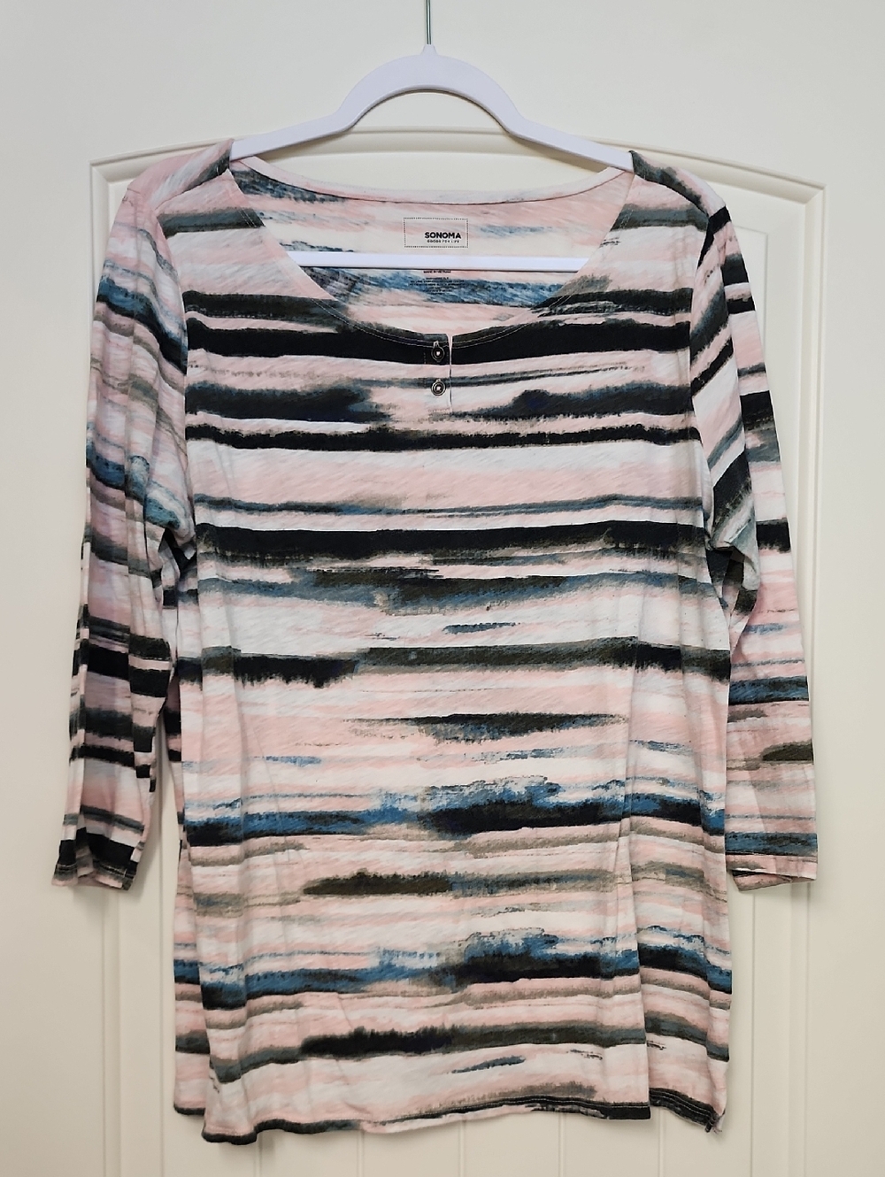 Sonoma Pink Striped 3/4 Sleeve Shirt with Blue and Black Accents